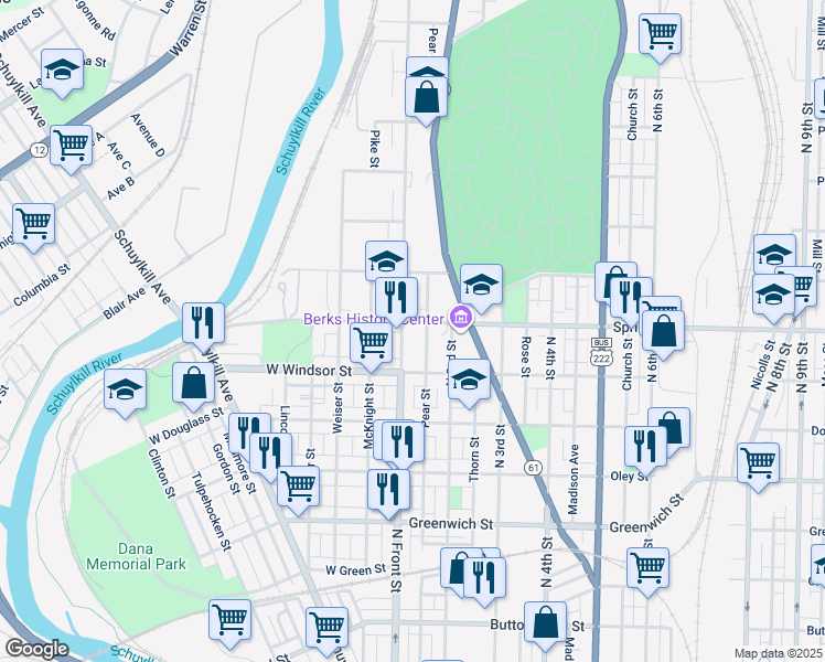 map of restaurants, bars, coffee shops, grocery stores, and more near 108 Spring Street in Reading