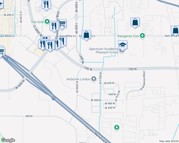 map of restaurants, bars, coffee shops, grocery stores, and more near 1971 700 North in Lindon