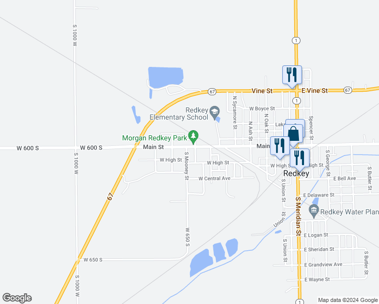 map of restaurants, bars, coffee shops, grocery stores, and more near 700 West Main Street in Redkey