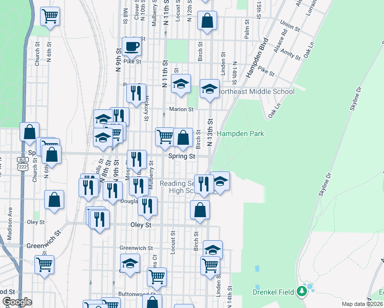 map of restaurants, bars, coffee shops, grocery stores, and more near 951 North 12th Street in Reading
