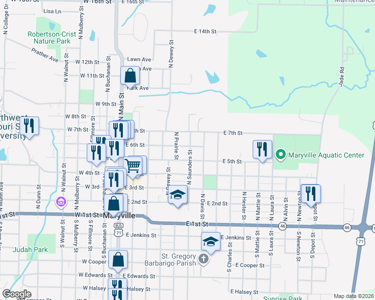 map of restaurants, bars, coffee shops, grocery stores, and more near 521 East 5th Street in Maryville