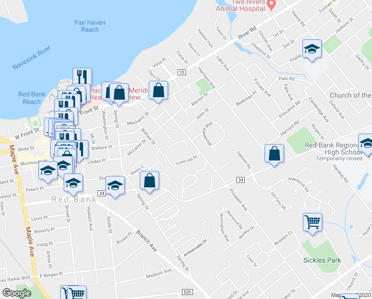 map of restaurants, bars, coffee shops, grocery stores, and more near 129 Tower Hill Drive in Red Bank