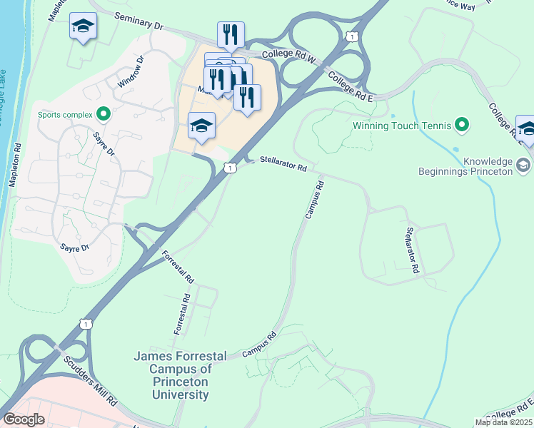 map of restaurants, bars, coffee shops, grocery stores, and more near 1100 Campus Road in Princeton