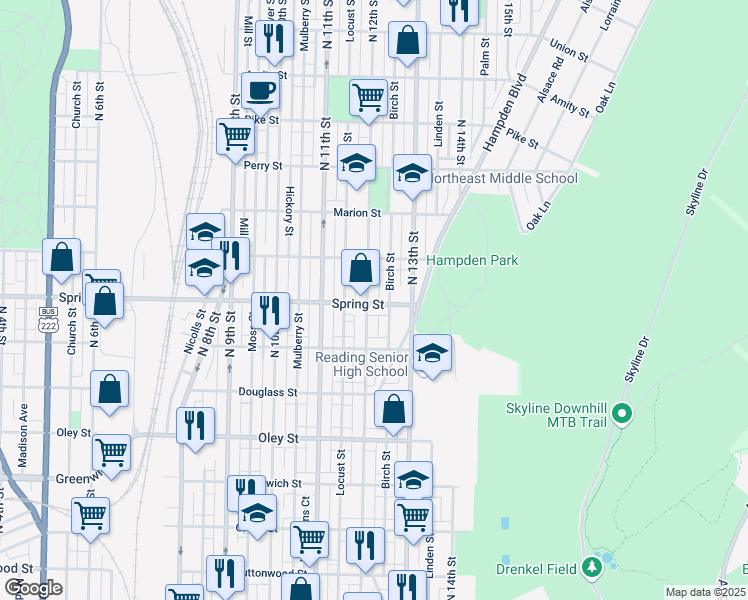 map of restaurants, bars, coffee shops, grocery stores, and more near 1205 Spring Street in Reading