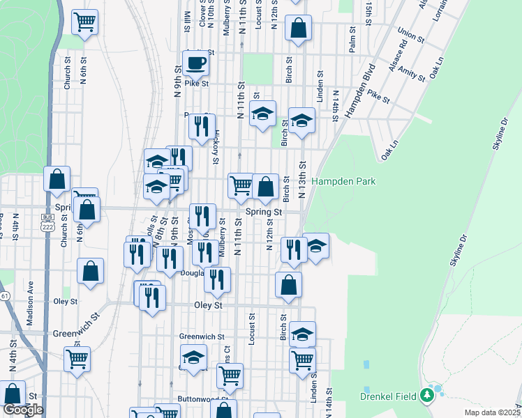 map of restaurants, bars, coffee shops, grocery stores, and more near 1139 Spring Street in Reading