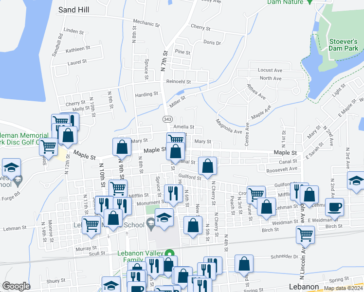 map of restaurants, bars, coffee shops, grocery stores, and more near 623 Maple Street in Lebanon