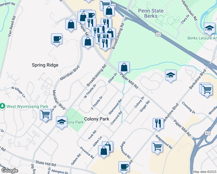 map of restaurants, bars, coffee shops, grocery stores, and more near 1680 East Thistle Drive in Wyomissing
