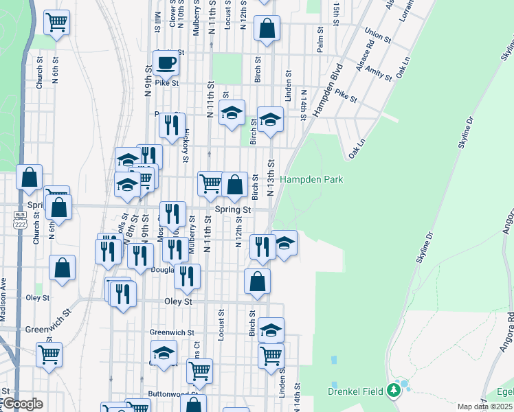 map of restaurants, bars, coffee shops, grocery stores, and more near 1237 Spring Street in Reading