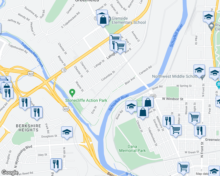 map of restaurants, bars, coffee shops, grocery stores, and more near 1117 Allegheny Avenue in Reading