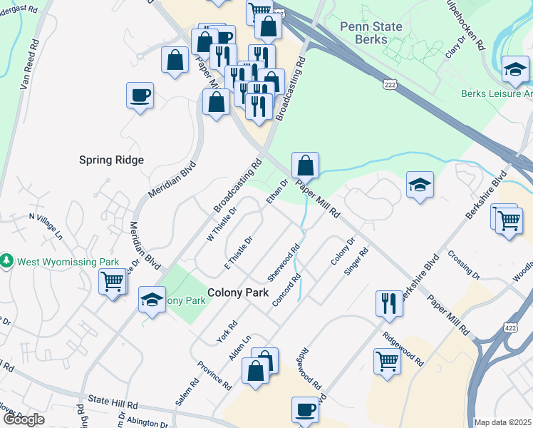 map of restaurants, bars, coffee shops, grocery stores, and more near 1680 East Thistle Drive in Wyomissing