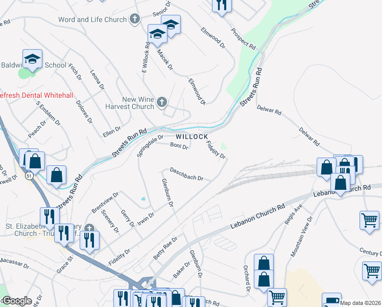 map of restaurants, bars, coffee shops, grocery stores, and more near 1156 Boni Drive in Pittsburgh