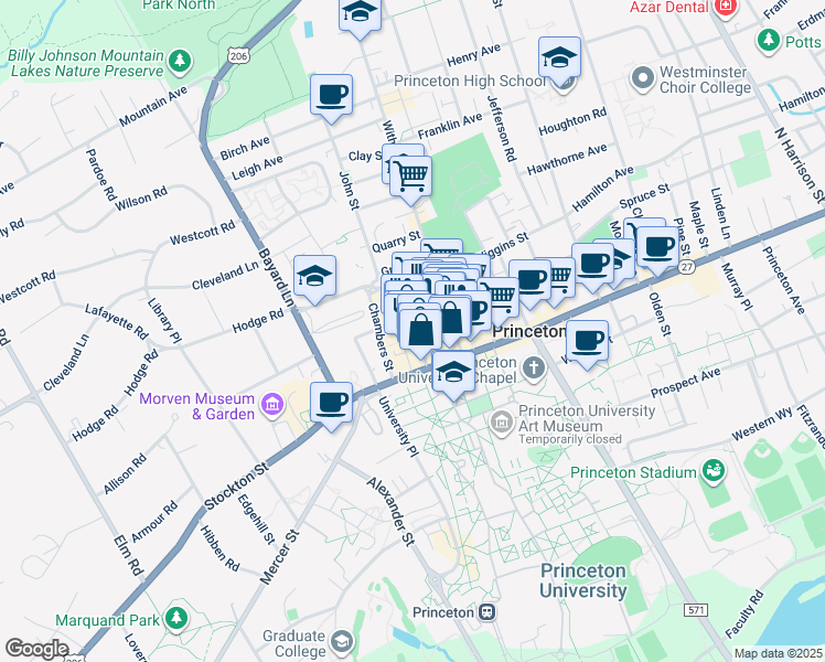 map of restaurants, bars, coffee shops, grocery stores, and more near 1 Palmer Square East in Princeton