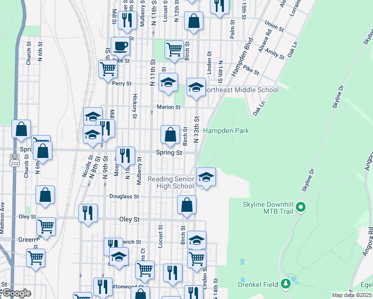 map of restaurants, bars, coffee shops, grocery stores, and more near 1237 Spring Street in Reading