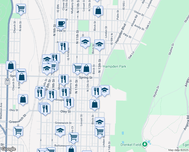 map of restaurants, bars, coffee shops, grocery stores, and more near 928 North 13th Street in Reading
