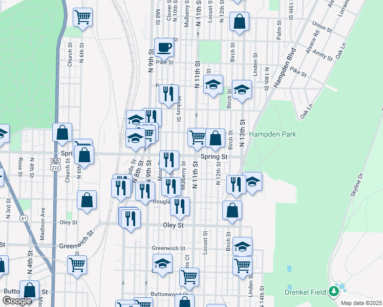 map of restaurants, bars, coffee shops, grocery stores, and more near 1032 Spring Street in Reading
