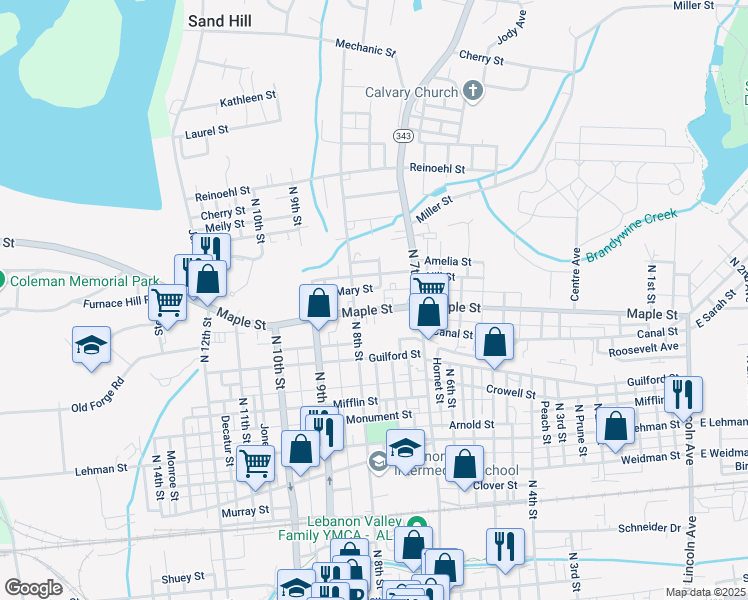 map of restaurants, bars, coffee shops, grocery stores, and more near 752 Maple Street in Lebanon