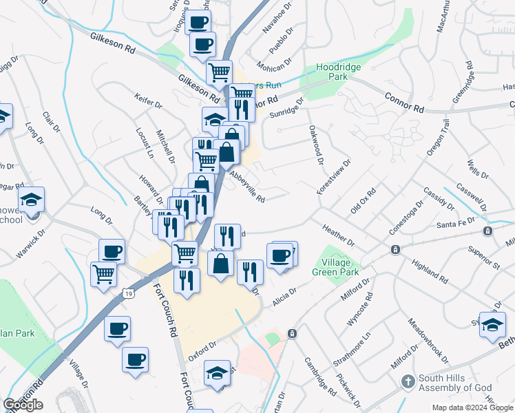 map of restaurants, bars, coffee shops, grocery stores, and more near 45 Highland Road in Bethel Park