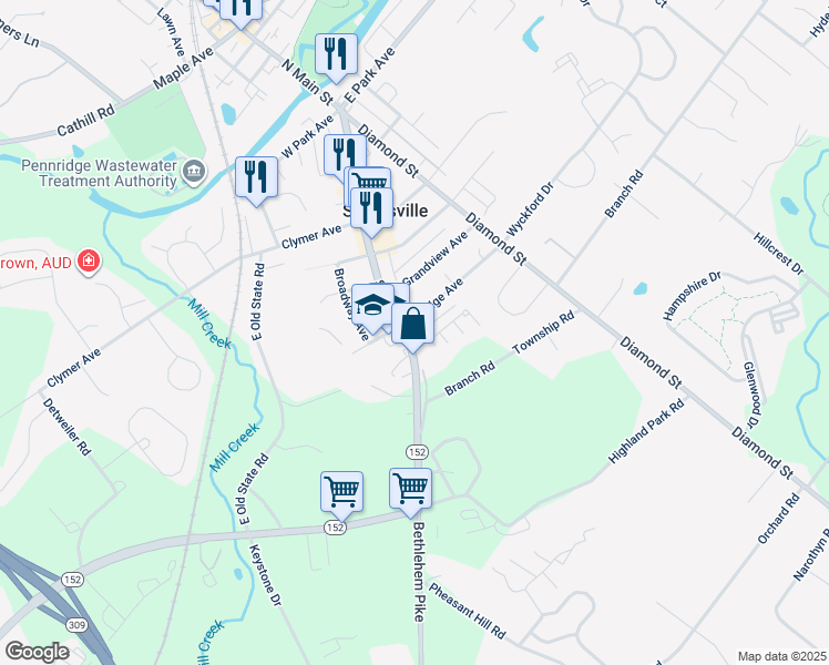 map of restaurants, bars, coffee shops, grocery stores, and more near 605 South Main Street in Sellersville