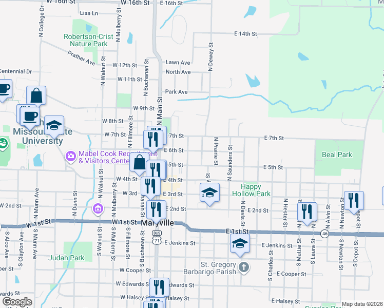map of restaurants, bars, coffee shops, grocery stores, and more near 500-598 N Vine St in Maryville