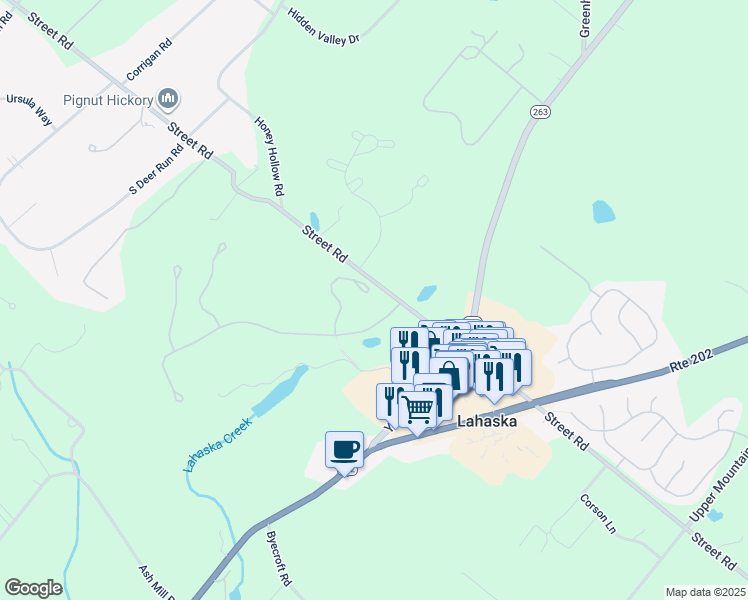 map of restaurants, bars, coffee shops, grocery stores, and more near 5871 Hickory Hollow Lane in Doylestown