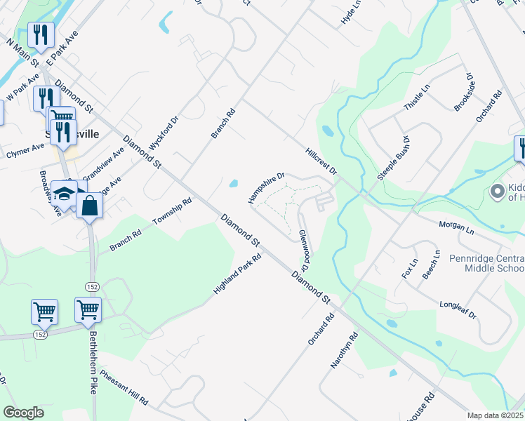 map of restaurants, bars, coffee shops, grocery stores, and more near 209 Hampshire Drive in Sellersville