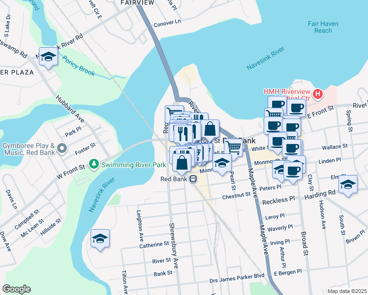 map of restaurants, bars, coffee shops, grocery stores, and more near 1 Bridge Avenue in Red Bank