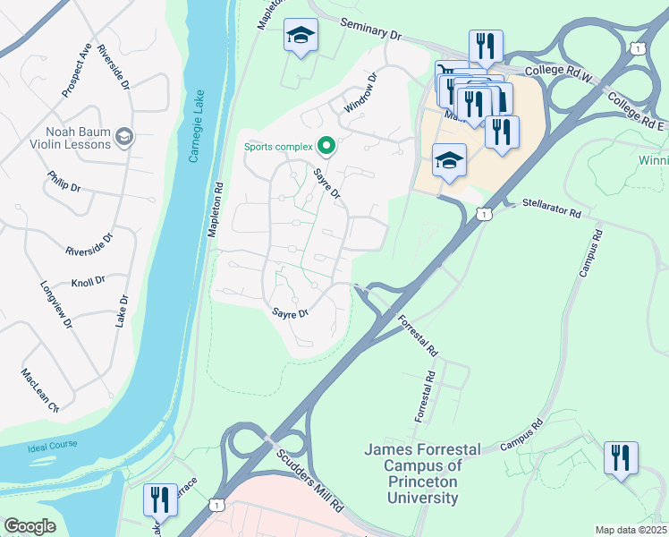 map of restaurants, bars, coffee shops, grocery stores, and more near 702 Sayre Drive in Princeton