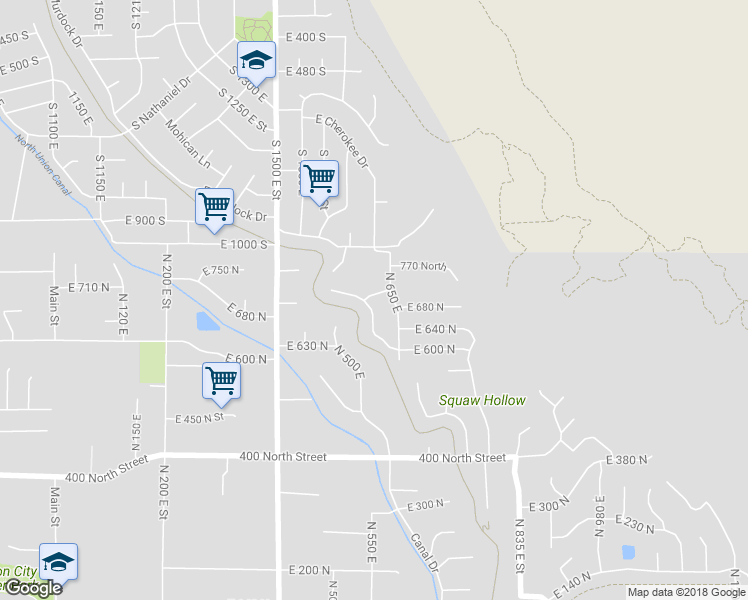 map of restaurants, bars, coffee shops, grocery stores, and more near 650 East 720 North in Lindon