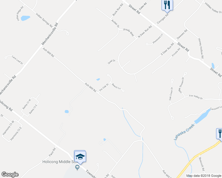 map of restaurants, bars, coffee shops, grocery stores, and more near 5543 Pin Oak Drive in Doylestown