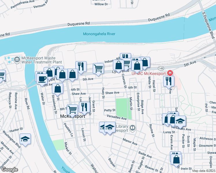 map of restaurants, bars, coffee shops, grocery stores, and more near 601 6th Street in McKeesport