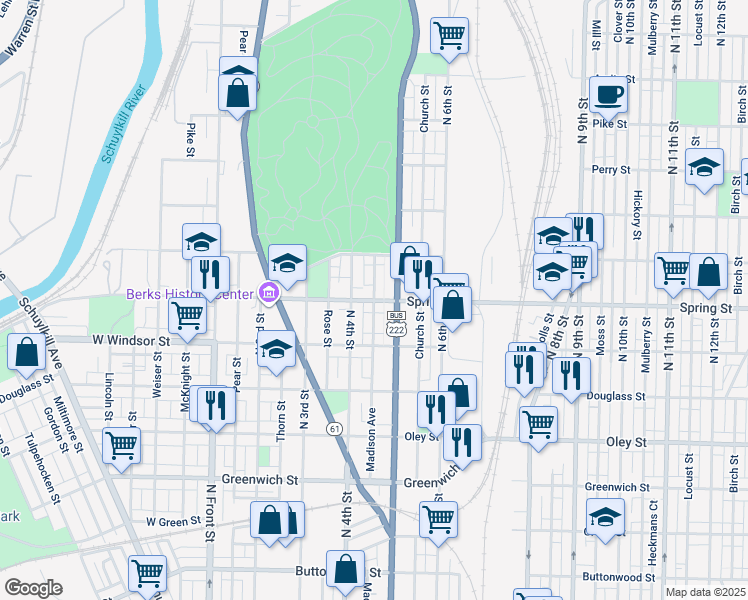 map of restaurants, bars, coffee shops, grocery stores, and more near 1001 Madison Avenue in Reading