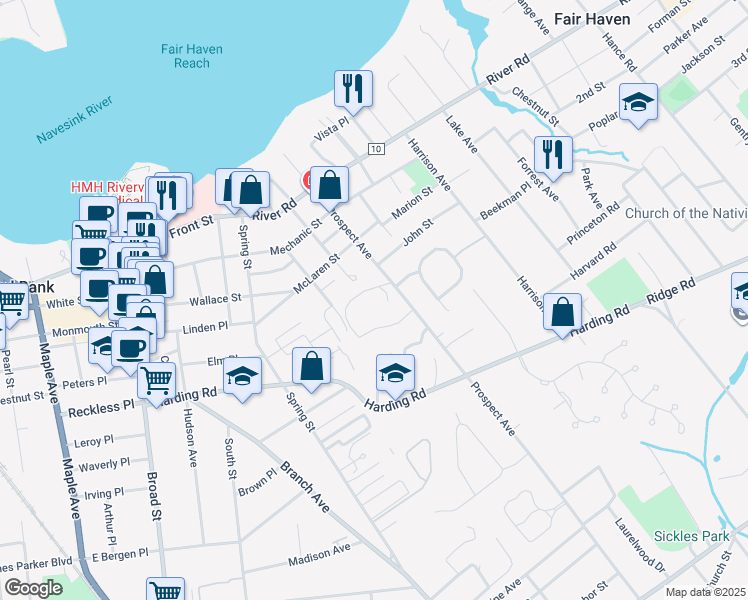 map of restaurants, bars, coffee shops, grocery stores, and more near 117 Tower Hill Drive in Red Bank