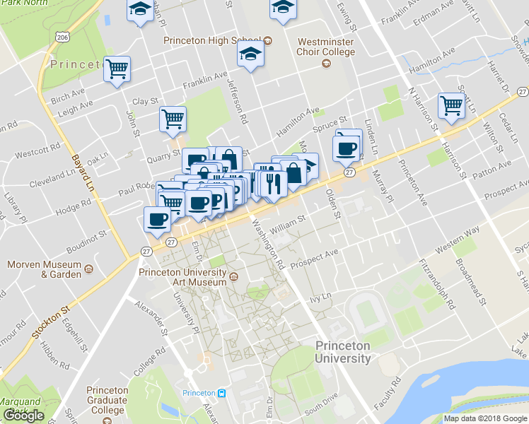 map of restaurants, bars, coffee shops, grocery stores, and more near 163 Nassau Street in Princeton