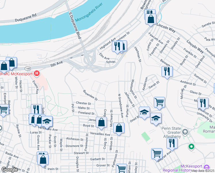map of restaurants, bars, coffee shops, grocery stores, and more near 27 Crawford Village in McKeesport