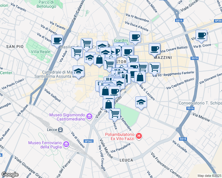 map of restaurants, bars, coffee shops, grocery stores, and more near 6 Via Gaetano Brunetti in Lecce