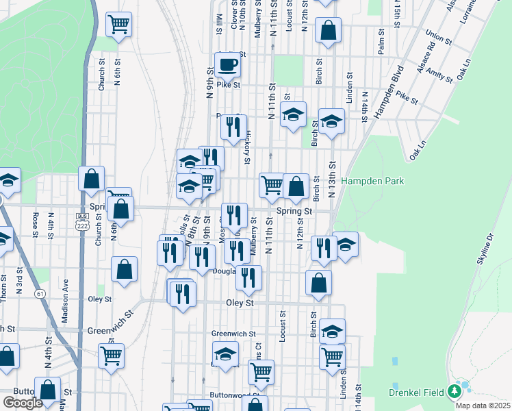map of restaurants, bars, coffee shops, grocery stores, and more near 1029 Spring Street in Reading