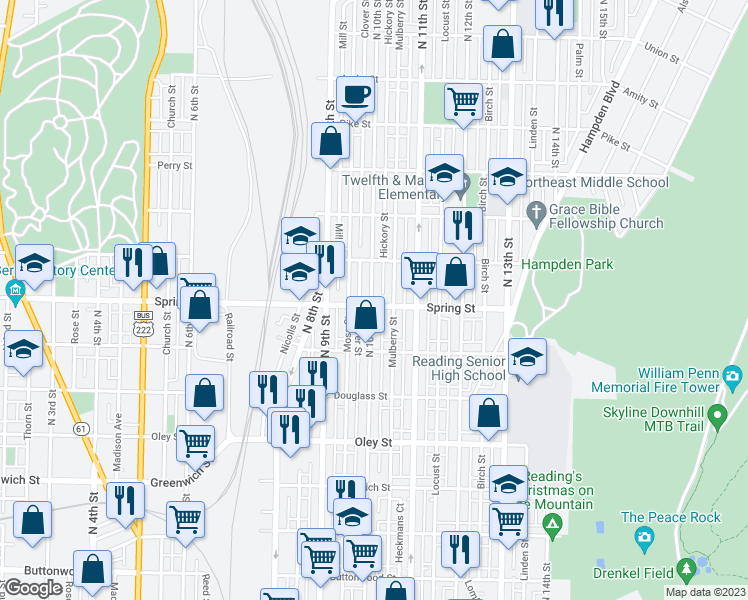 map of restaurants, bars, coffee shops, grocery stores, and more near 1007 North 10th Street in Reading