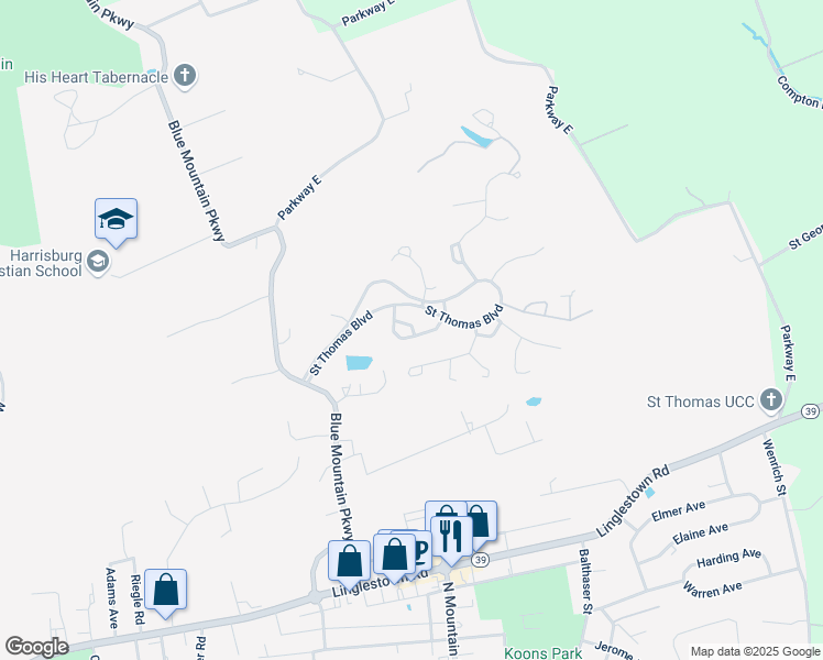 map of restaurants, bars, coffee shops, grocery stores, and more near Meade Court in Harrisburg