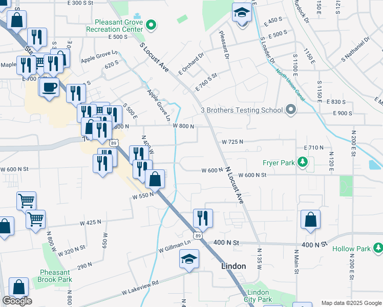 map of restaurants, bars, coffee shops, grocery stores, and more near 346 West 625 North in Lindon