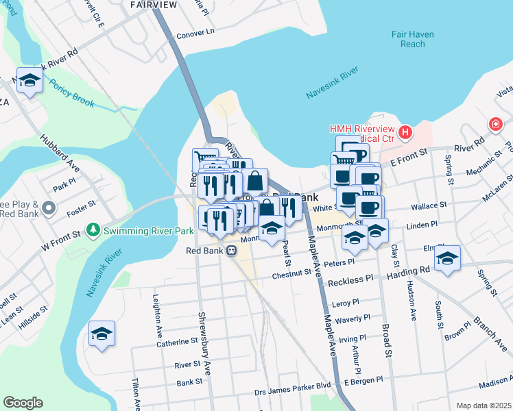 map of restaurants, bars, coffee shops, grocery stores, and more near 23 West Street in Red Bank