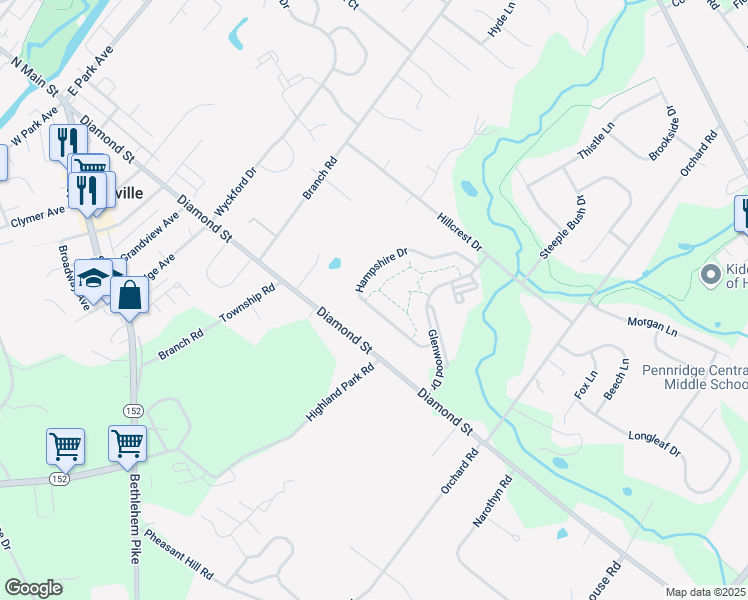 map of restaurants, bars, coffee shops, grocery stores, and more near 248 Hampshire Drive in Sellersville