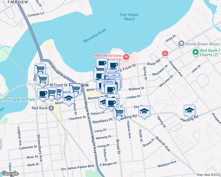 map of restaurants, bars, coffee shops, grocery stores, and more near 18 White Street in Red Bank