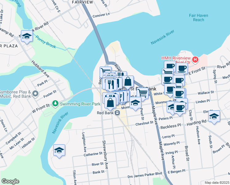 map of restaurants, bars, coffee shops, grocery stores, and more near 1 Bridge Avenue in Red Bank