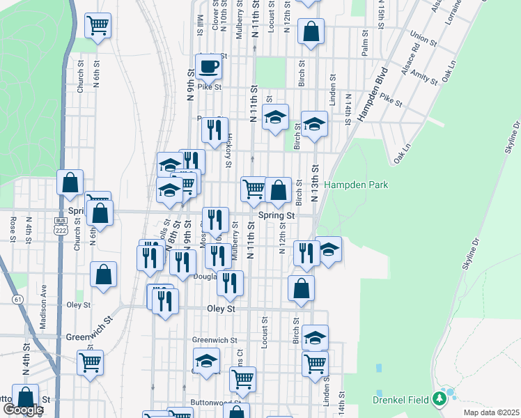 map of restaurants, bars, coffee shops, grocery stores, and more near 1118 Spring Street in Reading