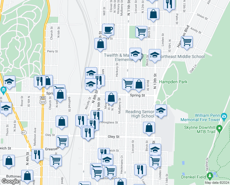 map of restaurants, bars, coffee shops, grocery stores, and more near 950 North 10th Street in Reading