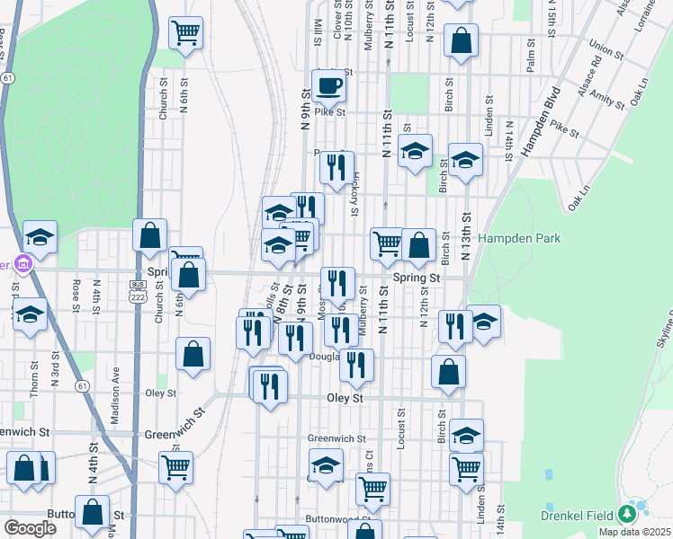 map of restaurants, bars, coffee shops, grocery stores, and more near 950 North 10th Street in Reading
