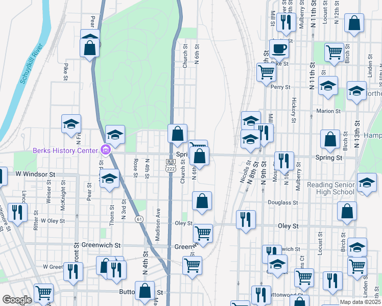 map of restaurants, bars, coffee shops, grocery stores, and more near 936 North 6th Street in Reading
