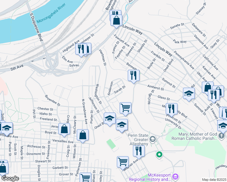 map of restaurants, bars, coffee shops, grocery stores, and more near 3822 Sarah Street in McKeesport
