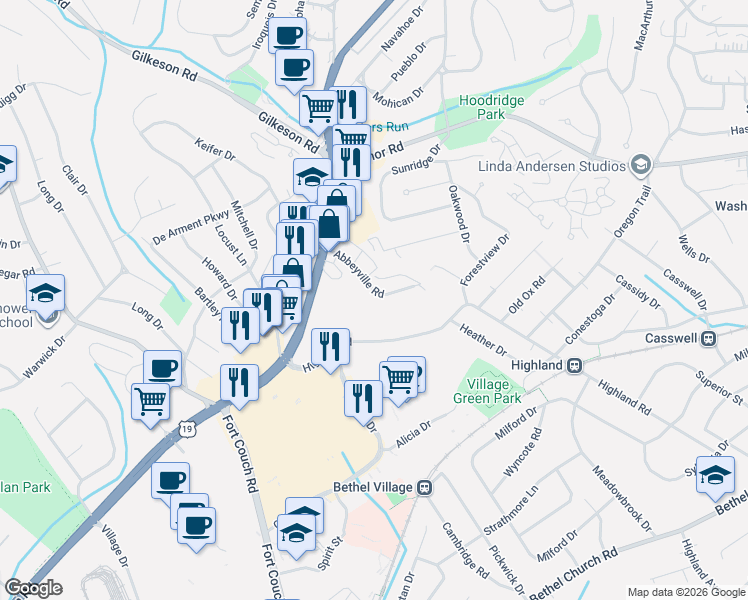 map of restaurants, bars, coffee shops, grocery stores, and more near 45 Highland Road in Bethel Park