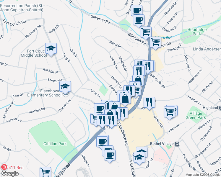 map of restaurants, bars, coffee shops, grocery stores, and more near 211 Phillips Drive in Pittsburgh